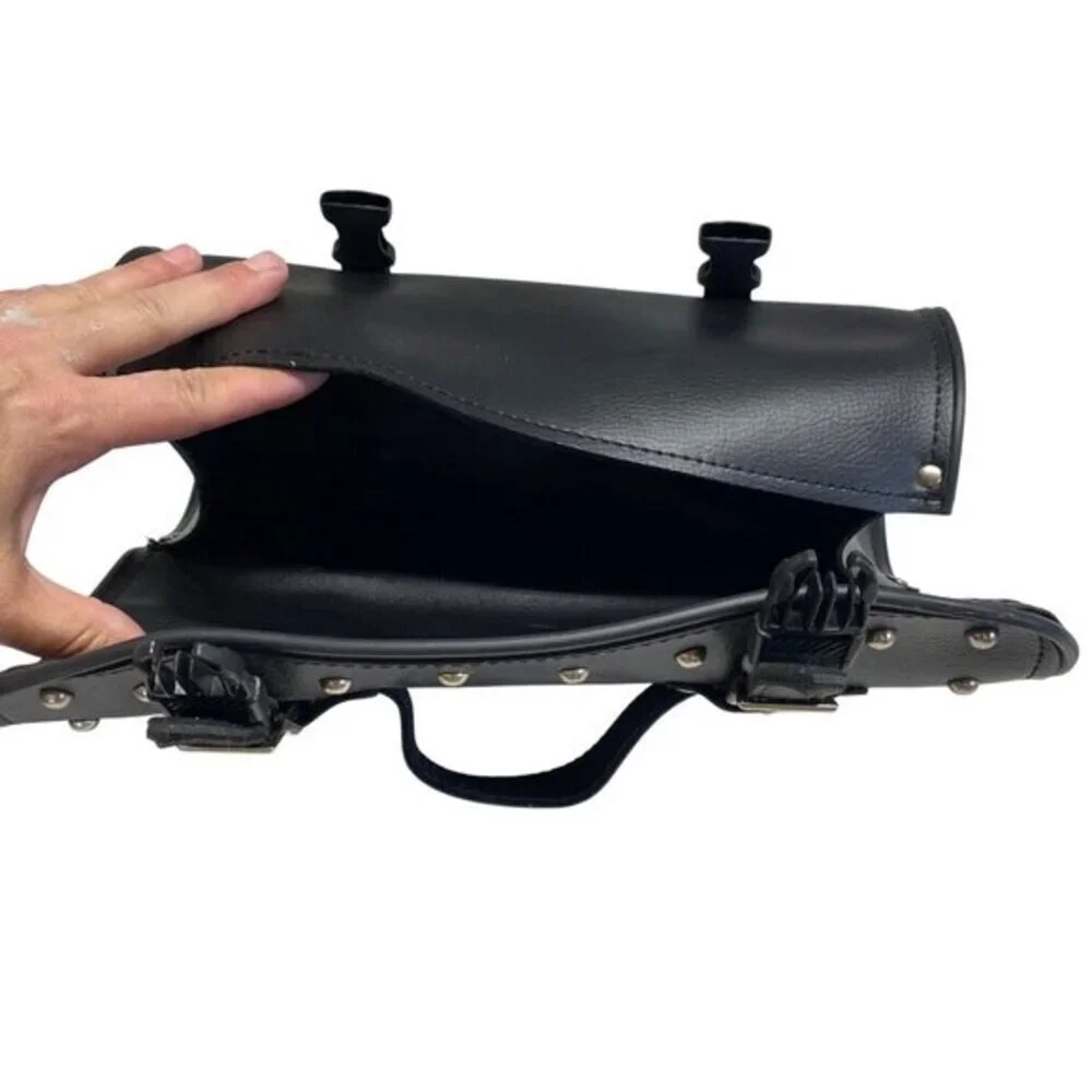 Black Leather Studded Motorcycle Handlebar Tool Bag With Buckle Straps